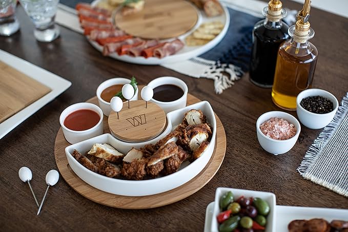 PICNIC TIME NFL Symphony Appetizer Serving Tray Set, Party Platter Set, Appetizer Plate, (Bamboo & White Ceramic)
