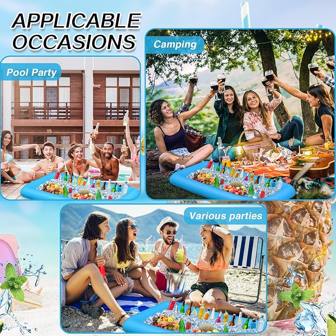Leitee Inflatable Serving Bar with Drain Plug 52 x 24 x 5'' Inflatable Ice Serving Buffet Bar for Party Food Cooler Buffet Drink(Blue,Basic Style)