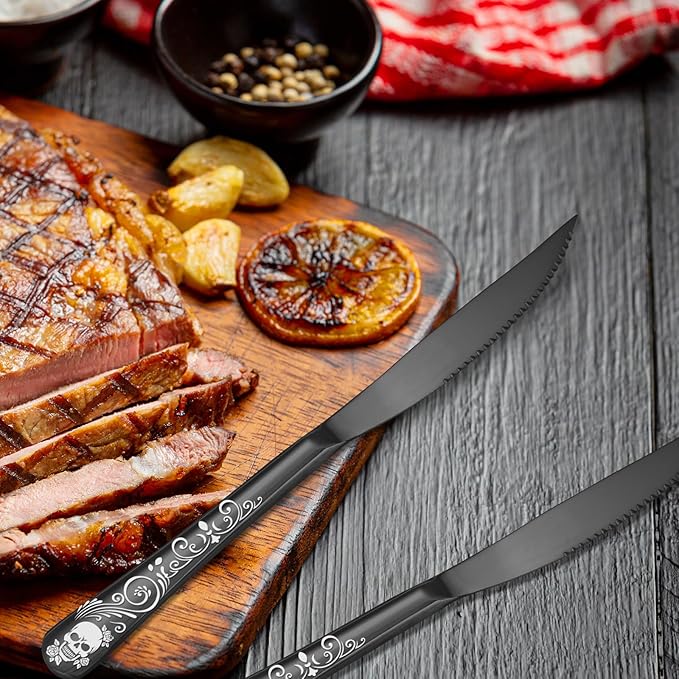 Skull Ultra Sharp 2-IN-1 Serrated Knives, Chef Knife Set Serrated Knives of 12 - Professional Design Collection - 18/0 Stainless Sharp Dinner Knives Unique Skull Pattern Design