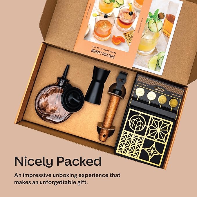 Whiskey Cocktail Kit | Cool Bar Accessories Including Engraving Ice Cube and Mold to Make Unique Gifts for Dad and Mixologist Using Old Fashioned Mixology Tool Set