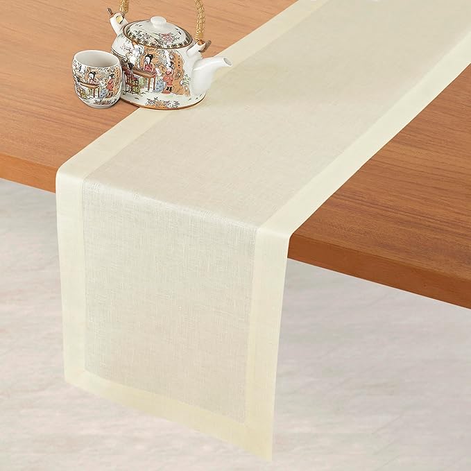 D'Moksha Homes Linen Cream Table Runner 120 Inches Long - 100% Pure Linen Dining Table Runner 14 x 120 Inch for Winter, Christmas, Holiday, New Year - Machine Washable