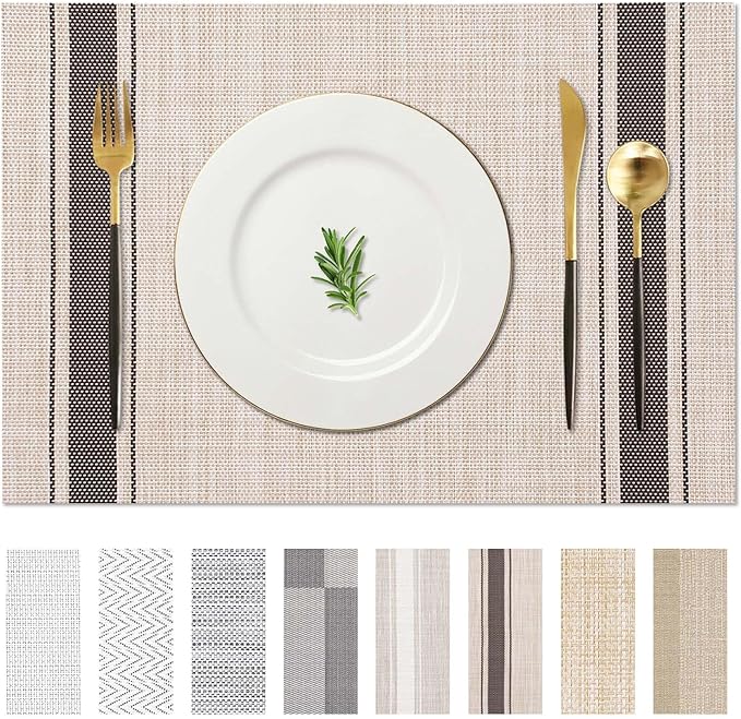 AHHFSMEI Placemats for Dining Table Set of 4 Woven Vinyl Plastic Place Mats Non-Slip Heat Insulation Stain Resistant Table Mats Washable Easy Clean Placemats (Beige Brown Stripe 4)