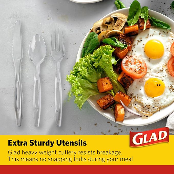 Glad Crystal Clear Assorted Plastic Cutlery Forks, 24 Count | Clear And Heavy Duty Plastic Silverware | 8 Forks, 8 Knives, 8 Spoons | Glad Disposable Tabletop