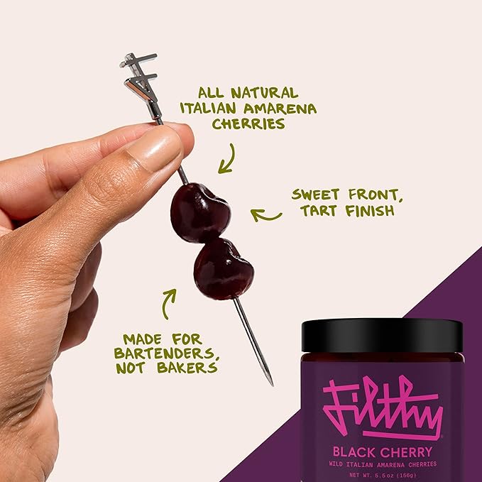 Filthy Black Cherry Whiskey Cocktail Kit, Premium Cocktail Kit for Old Fashioneds and Manhattan Cocktails at Home, Includes Black Cherry Syrup, Black Cherries & 4 Stainless Steel Cocktail Picks