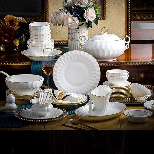 Fine Dinner Set,Dinner Plate Ceramics Dinner Set, 50 Pieces Pure White High-Grade Bone China Dinnerware Sets