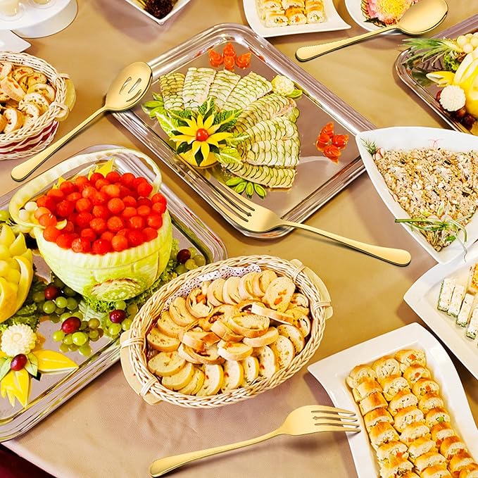 LIANYU 6 Pack Large Gold Serving Spoons and Forks Set, 9.8 Inch Stainless Steel Buffet Catering Party Banquet Serving Spoon Fork, Mirror Finished, Dishwasher Safe