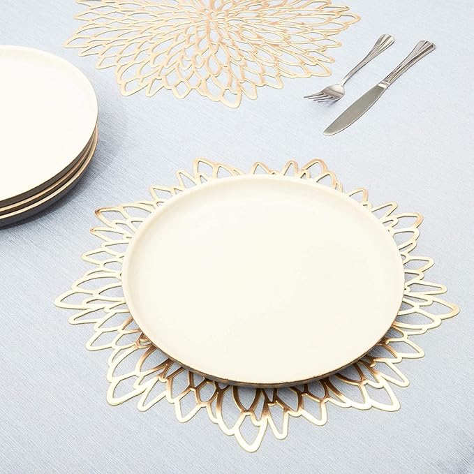 Juvale Gold Placemats - 14.4-Inch Round Vinyl with Leaf Design, Pack of 10 - Table Chargers for Dinner Table Decor
