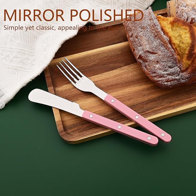 30 PCS Stainless Steel Flatware Set for 6, Silverware Set with Colored Handles, Retro Style Forks Spoons and Knives Set, Vintage Eating Utensils, Pink Acrylic Handle with Rivets Design