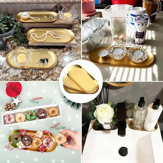 15 Pack 7 Inch Oval Stainless Steel Decorative Tray, Stainless Steel Tea Fruit Tray, 7 inch Gold Oval Trays for Bathroom Vanity, Jewelry, Perfume & Key Organizer (Gold)