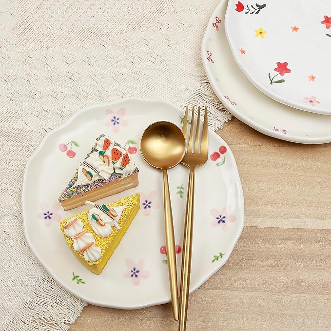 Koythin Floral Ceramic Dinner Plates, 8" Microwave Safe Dishes for Pasta, Modern Rustic Appetizer Plate for Salad Fruits Dessert Cake (Pink Bow)