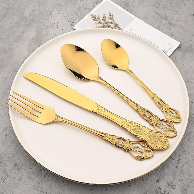 Mirror Polished Gold Silverware Set, 24-Piece 18/10 Stainless Steel Shiny Finish Flatware Service for 6, Kitchen Utensils, Tableware Cutlery for Home and Restaurant, Dishwasher Safe