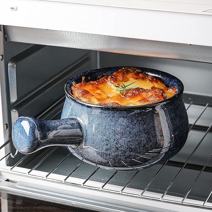 vicrays French Onion Soup Bowls With Handles, 26 Ounce for Soup, Chili, Beef Stew, Chip Resistant, Dishwasher Microwave Safe, Set of 4 (Blue)