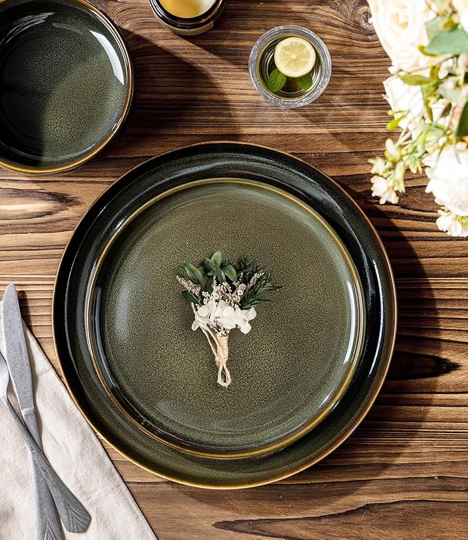 TheTerra Ceramic Dinnerware Sets for 4, 12 Pieces Handmade Reactive Glaze Plates and Bowls Set, Scratch Resistant Dish Set, Oven & Microwave & Dishwasher Safe, Olive Green