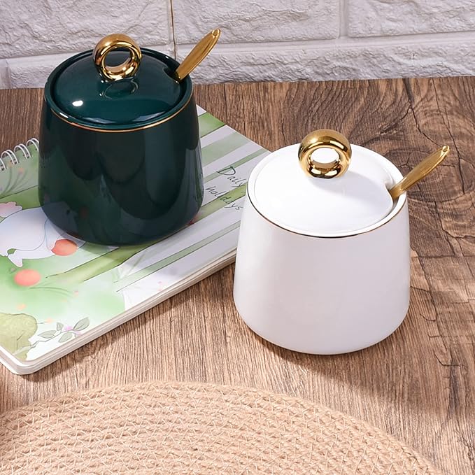 Ceramic Sugar Bowls with Stainless Steel Spoon Salt Bowl with Lid for Home and Kitchen White
