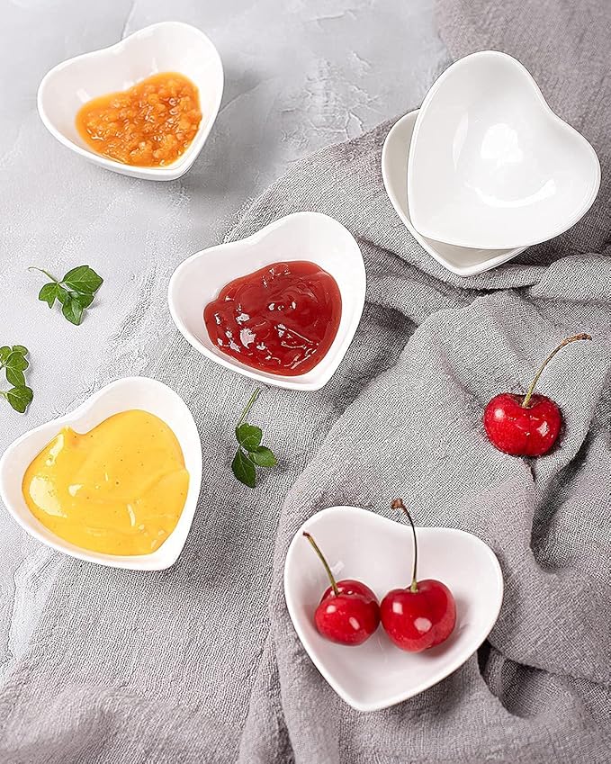 Delling Heart Porcelain Dessert Salad Plates - White 7.3 Inch Appetizer Plates,12 Pack Soy Sauce Dish