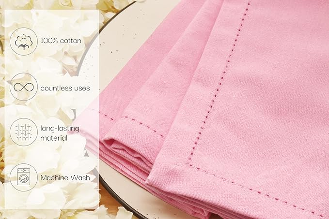 PurpleEssences Set of 12 Hemstitch Cloth Dinner Napkins 100% Cotton - Soft Durable Washable - Ideal for Wedding Spring Easter Summer - Perfect Everyday Use Table Linen 18x18 - Blush Pink