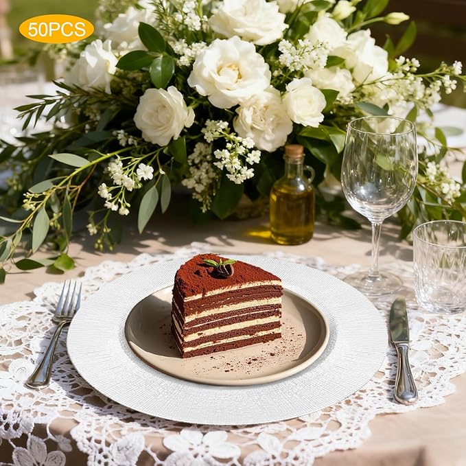 50Pcs Round Chargers Plates Bulk Plastic Charger Serving Plates for Dinner Wedding Chargers Plate for Tabletop Decor,13in(50pcs-Silver)