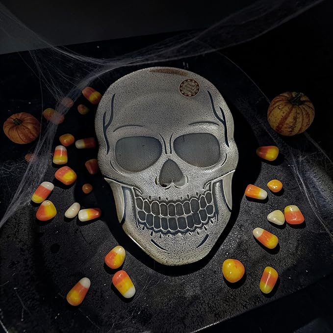 Gothic Grinning Skull Face Glass Serving Tray, Hand Painted Turkish Glass Halloween Dish Plate, Silver, 13 x 8.5 x 0.5 Inches