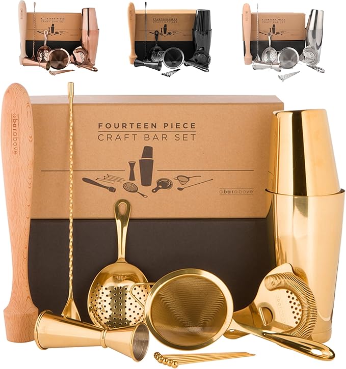 A Bar Above 14-Piece Gold Bartender Kit, Premium Gold-Plated Stainless Steel Barware Gift Set for Home and Professional Use, Includes Cocktail Shaker, Jigger, Strainers, Muddler, Picks, Spoon