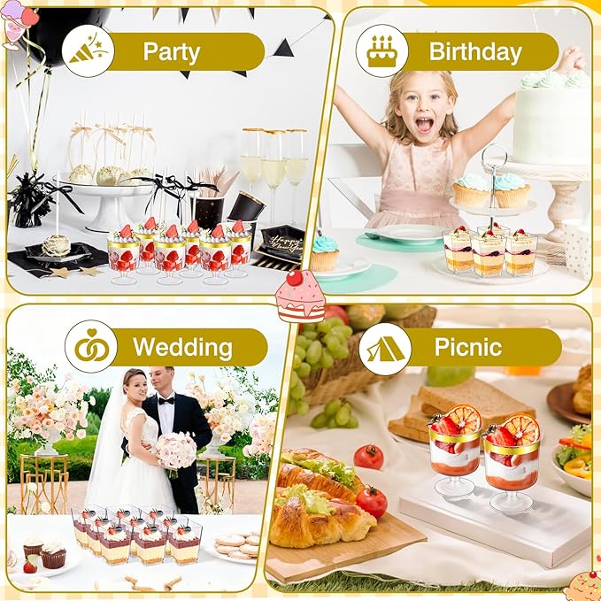 mwellewm 300Packs Dessert Cups with Spoons, 5 OZ Mini Clear Plastic Parfait Cup for Party, Square Desert Shot Glasse Round Goblet with Gold Rim Small Reusable Fruit Ice Cream Pudding Appetizer Cup