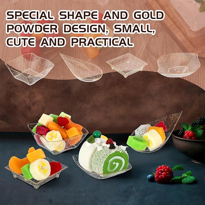 Tessco 400 Pcs Mini Dessert Plates Set, Including 200 Disposable Appetizer Plates Assorted Shape 100 Mini Plastic Forks 100 Plastic Spoons for Party Birthday(Gold Glitter)