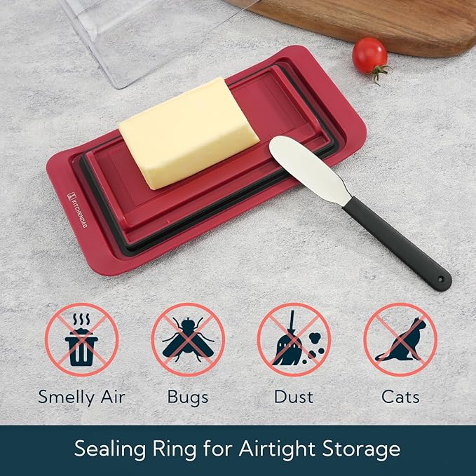 KITCHENDAO Airtight Butter Dish with Lid and Knife, Plastic Butter Holder for Countertop and Refrigerator, Keep Butter Fresh-Easy Scoop-Dishwasher Safe, Butter Tray for West/ East Coast Butter, Red