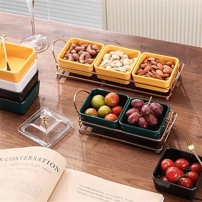 Divided Spice Plate with Lid, Metal Tray, Removable Compartment, Dipping Bowls for Appetizers, Fruit, Ice Cream, Sweets, Nuts, Snacks, Chips, Dip Bowls, Ceramic Sauce Plates (Colour: B)