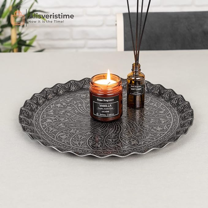 Alisveristime Turkish Ottoman Coffee Tea Serving Tray – 11.8 Inches, Wavy Zamac Tray with Traditional Motifs, Available in Five Color Variations (Black)