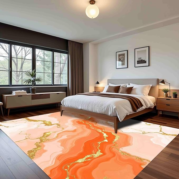 Modern Light Luxury Vibrant Art Aesthetic Deco Indoor Area Rug 6x9 Bright Orange Cream Gold Abstract Marble Texture Large Carpet for Living Room Bedroom Dining Room Soft Anti Slip Floor Mat Big Rugs