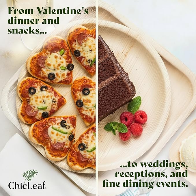 Chic Leaf Palm Leaf Disposable Bamboo Plates - Square Party Plates for Weddings, Parties, Event Appetizers - Biodegradable & Compostable - Romantic Dinner for 2 Party Supplies (10", 100 Pack)