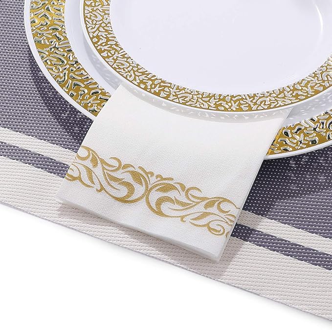 200 Disposable Hand Towels Soft and Absorbent Linen Feel Dinner Napkin Durable Decorative Bathroom Hand Napkins Good for Kitchen, Thanksgiving, Parties, Weddings, Dinners or Events White and Gold