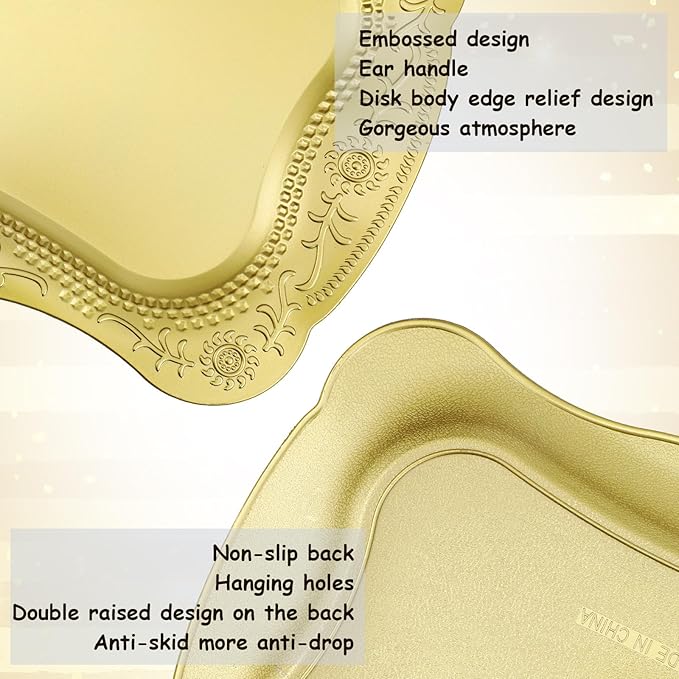 Layhit 10 Pcs Plastic Serving Trays 13" x 9" Rectangle Platters for Dessert Display Tray for Decoration Embossed Serving Platter Dish for Parties, Weddings, Engagements, Birthdays (Gold)