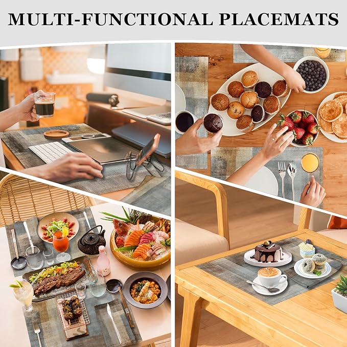 Mcalk 4 Each Brown Placemats and Cloth Napkins Set of 8, Modern Art Placemat, Abstract Grey Cloth Napkin for Home Kitchen Decor (Placemats 18 "x12 Napkins 18 "x18)