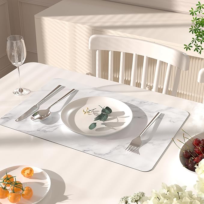 QIYI Placemats Set of 4, 12x18 Inch PU Leather Place Mats for Kitchen Dinning, Heat Resistant Anti Slip Table Mats, Waterproof Wipeable Washable Placemat Party Table Décor, White Marble