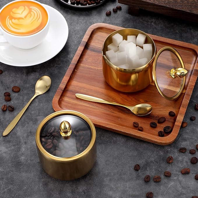 4 Pack 10oz Gold Sugar Bowl with Lid And Spoon, Stainless Steel Sugar Creamer Container Durable Round Jar for Coffee Bar Kitchen Accessories Food Storage Containers, Kitchen Decor Housewarming Gift