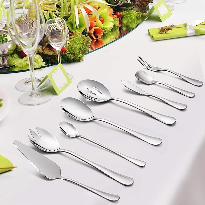 LIANYU Serving Utensils Set 8 Piece, Stainless Steel Serving Flatware Silverware Set with Slotted Spoons, Forks for Party Dinner, Mirror Finished, Dishwasher Safe