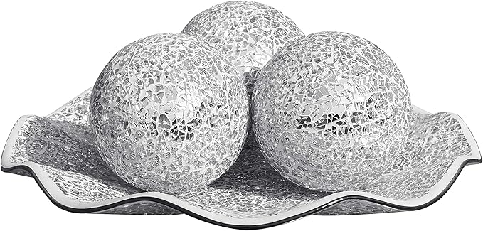 Mosaic Glass Decorative Tray Set, 11.5 inch Plate Bowl with 3 Balls, 3.75 inch, Handmade Centerpiece (Silver)
