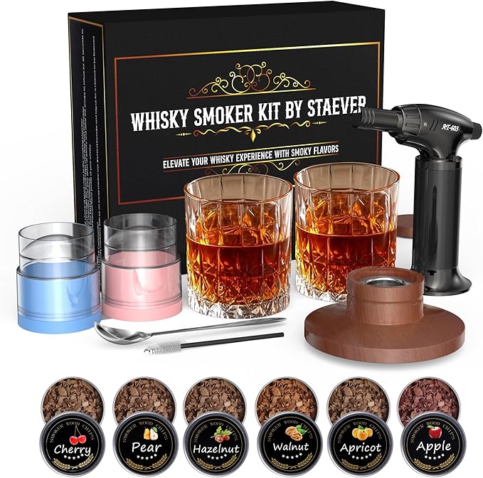 Deluxe Whiskey Smoker Kit with Torch - Includes 6 Natural Wood Chip Flavors, 2 Premium Glasses, & 2 Ice Molds - Cocktail Infuser for Old Fashioned & Bourbon for Men & Dads