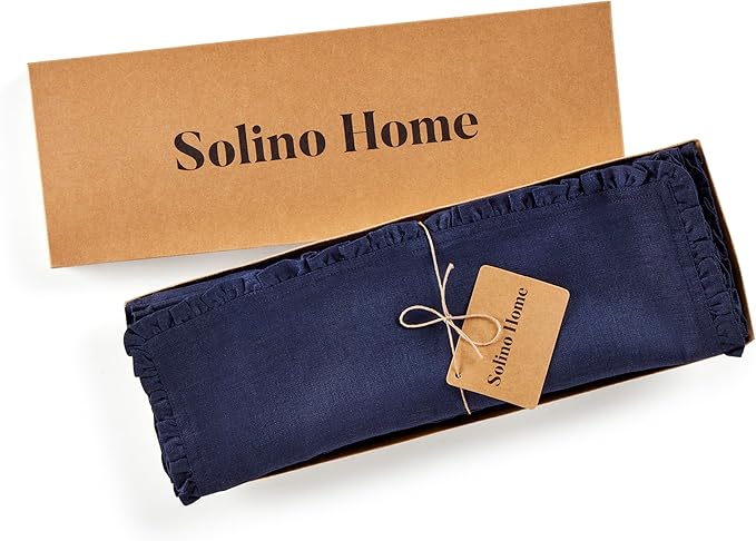Solino Home Navy Blue Linen Placemats 14 x 19 Inch - 100% Pure Linen Juliette Ruffle Placemats Set of 4 - Handcrafted and Machine Washable Table Mats