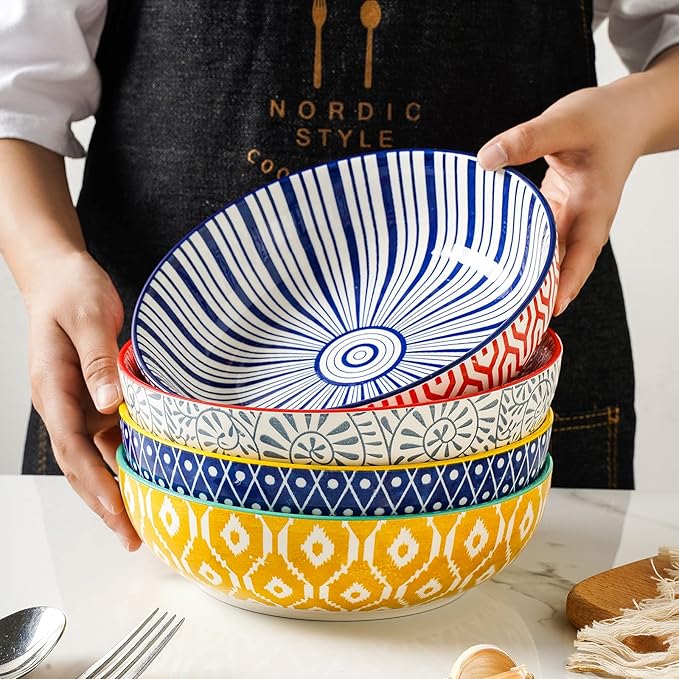 Selamica Ceramic 30 Ounce Large Pasta Bowls Set of 4, 8 inch Salad Bowl Wide and Shallow Microwave Dishwasher Safe, Assorted Corlors