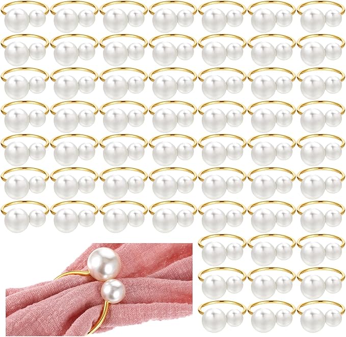 50 Pcs Pearl Napkin Rings, Gold Napkin Ring Holders Elegant Delicate Serviette Ring Buckle for Wedding Gathering Birthday Banquet Party Business Dinner Formal or Casual Dining Table Decor