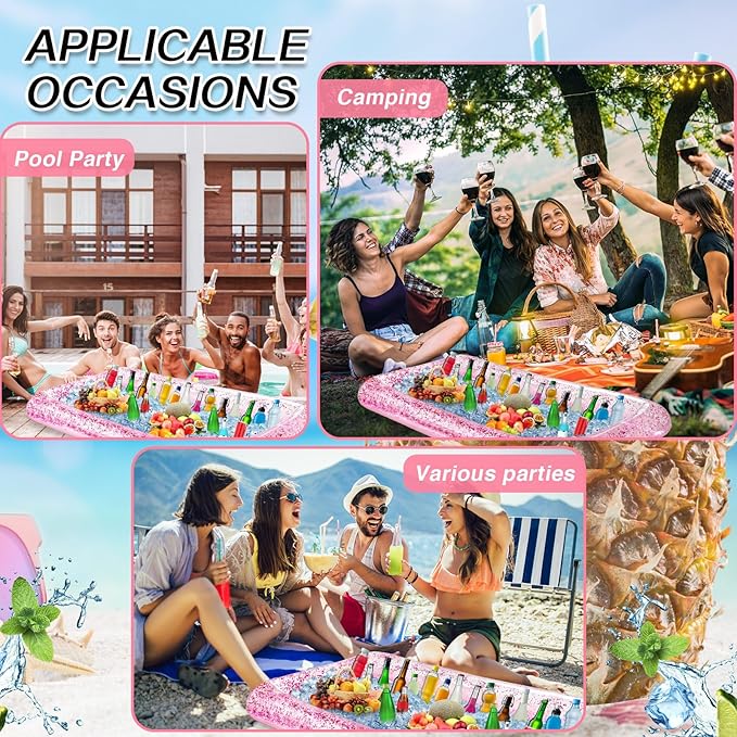 Leitee 3 Pcs Inflatable Serving Bar 52 x 24 x 5'' Ice Buffet Serving Tray Drink Cooler with Drain Plug Inflatable Pool Bar for Party Food Drink Holders with a Hand Pump(Glitter Pink)