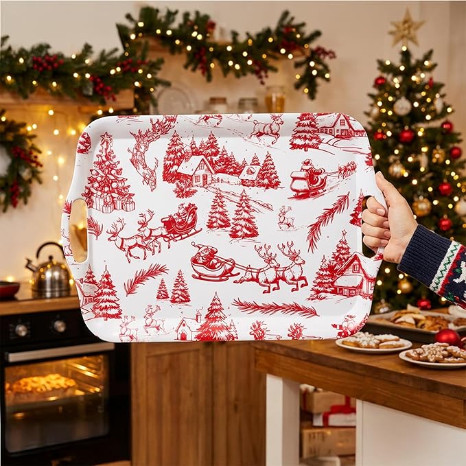 ONEderful 2-Piece Christmas Serving Tray 18x13 Inch Winter Wonderland Platters with Handles, Large Holiday Serving Platters for Xmas Winter Wonderland Frozen-theme Party Supplies (2,18" Extra Large)