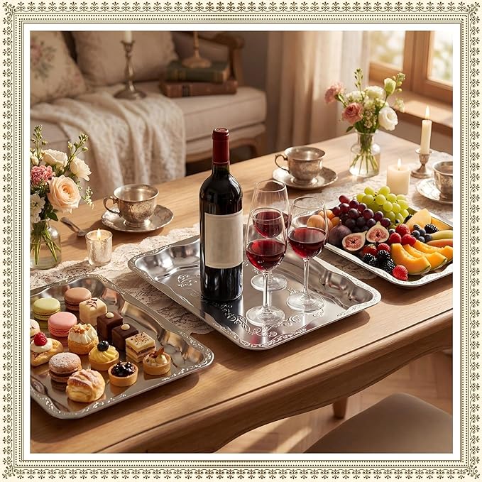 4 Pack Silver Serving Trays Set for Party, Butterfly Floral Silver Platter Engraved Mirror Tray, 15.8 x 11.6 Inches Elegant Metal Plate for Christmas Food Appetizer Cookies Desserts