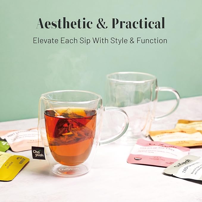 ChaYeah, Double Wall Glasses, 12 OZ Insulated Cups with Handle, Perfect for Tea, Coffee, Water, and More (Set of 2)