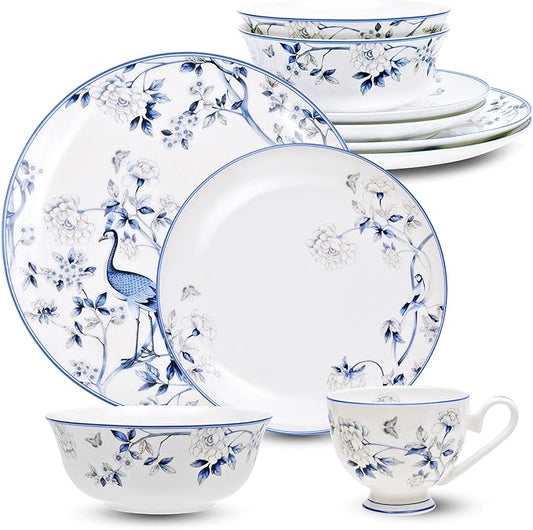 16 PCS Top-Grade Bone China Dinnerware Set for 4,Jingdezhen Blue and White Porcelain Kitchen Bowls Dinner Table Plates Coffee Cups