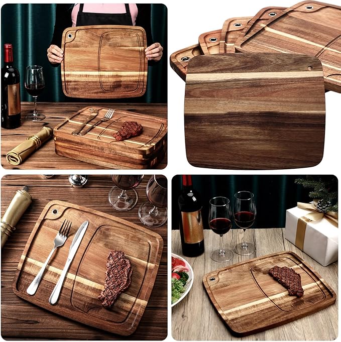 Uiifan 6 Pcs Steak Plates with Juice Channel Wooden Steak Board Set Acacia Cutting Serving Board for Christmas Home Serving Eating Meat Dishes Snack Dessert, 13 x 11 x 0.6 Inch