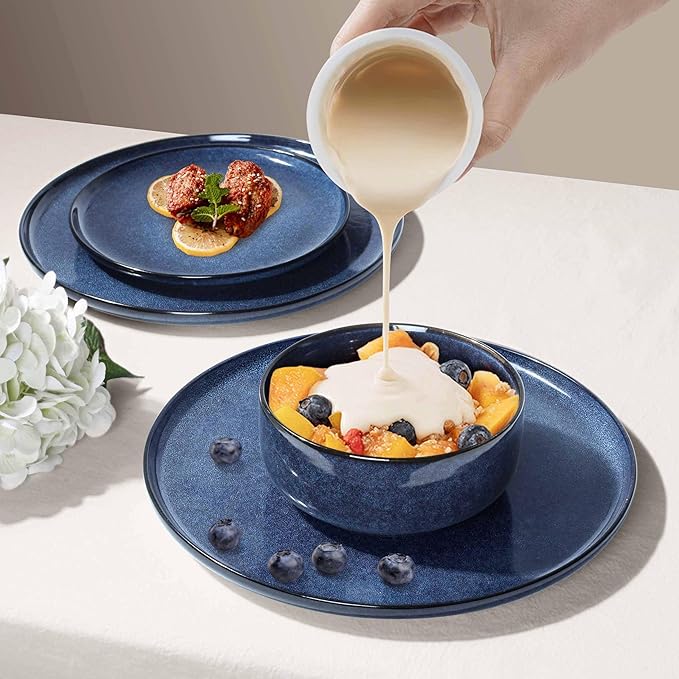 Herogo Dinnerware Sets with Pasta Bowls for 4, 16 Piece Dinner Salad Plates and Cereal Serving Bowls, Stoneware Dishes Dinner Ware for Home Kitchen, Dishwasher & Microwave Safe, Starry Blue