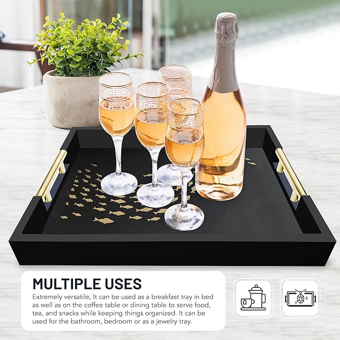 Black Serving Tray with School of Golden Fish Design Gothic Ottoman Tray, Tea and Coffee Table Tray, Jewelry Bathroom Organizer, Gift, Gloss Finish