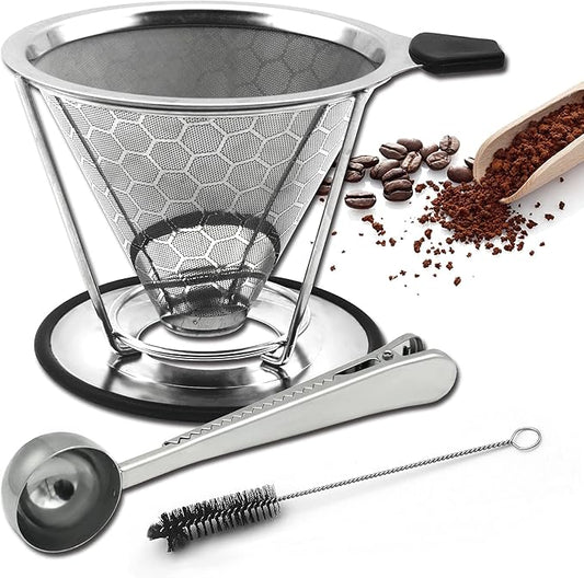 LIGICKY Reusable Coffee Filter Professional Manual Stainless Steel Coffee Dripper Cone Coffee Strainer Paperless Coffee Maker for 2-4 people with Removable Cup Stand, Cleaning Brush, Coffee Scoop